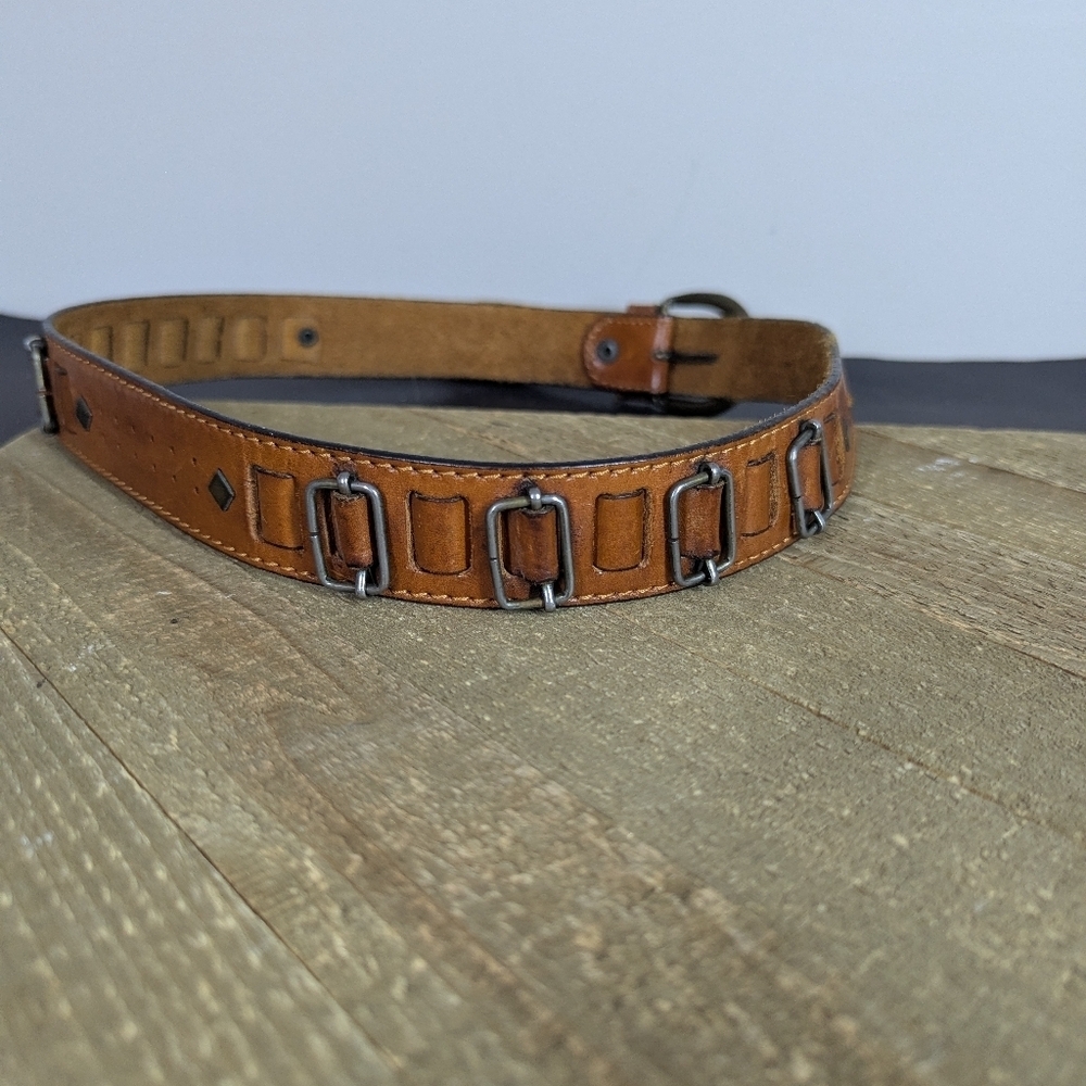 Vintage Brown Leather Belt – Adjustable 24.5" to 33" | Brass Buckle, Extra Holes - Picture 4 of 6